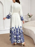 Buy SHEIN Mulvari Notch Neck Belted Long Sleeve Modest Dress With Floral Print in Pakistan