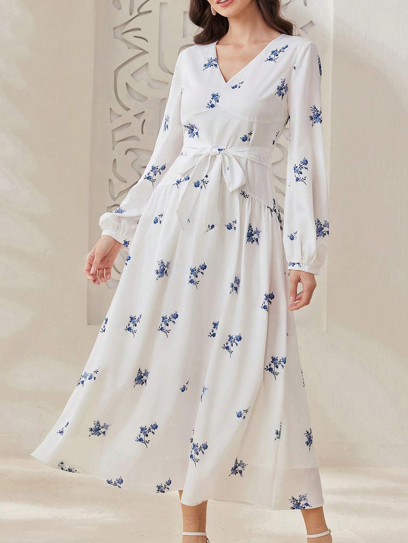 Buy SHEIN Mulvari Women'S V-Neck Floral Print Long Sleeve Dress in Pakistan