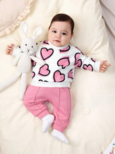 Buy SHEIN Newborn Baby Girl Heart Printed Sweatshirt And Solid Color Elastic Waist Long Pants Set in Pakistan