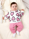 Buy SHEIN Newborn Baby Girl Heart Printed Sweatshirt And Solid Color Elastic Waist Long Pants Set in Pakistan