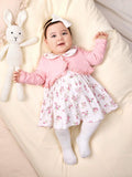 Buy SHEIN Newborn Baby Girl Knitted Sleeveless Dress With Floral Pattern, Peter Pan Collar, Hem Ruffle Details, And Solid Color Long-Sleeved Cardigan Set in Pakistan