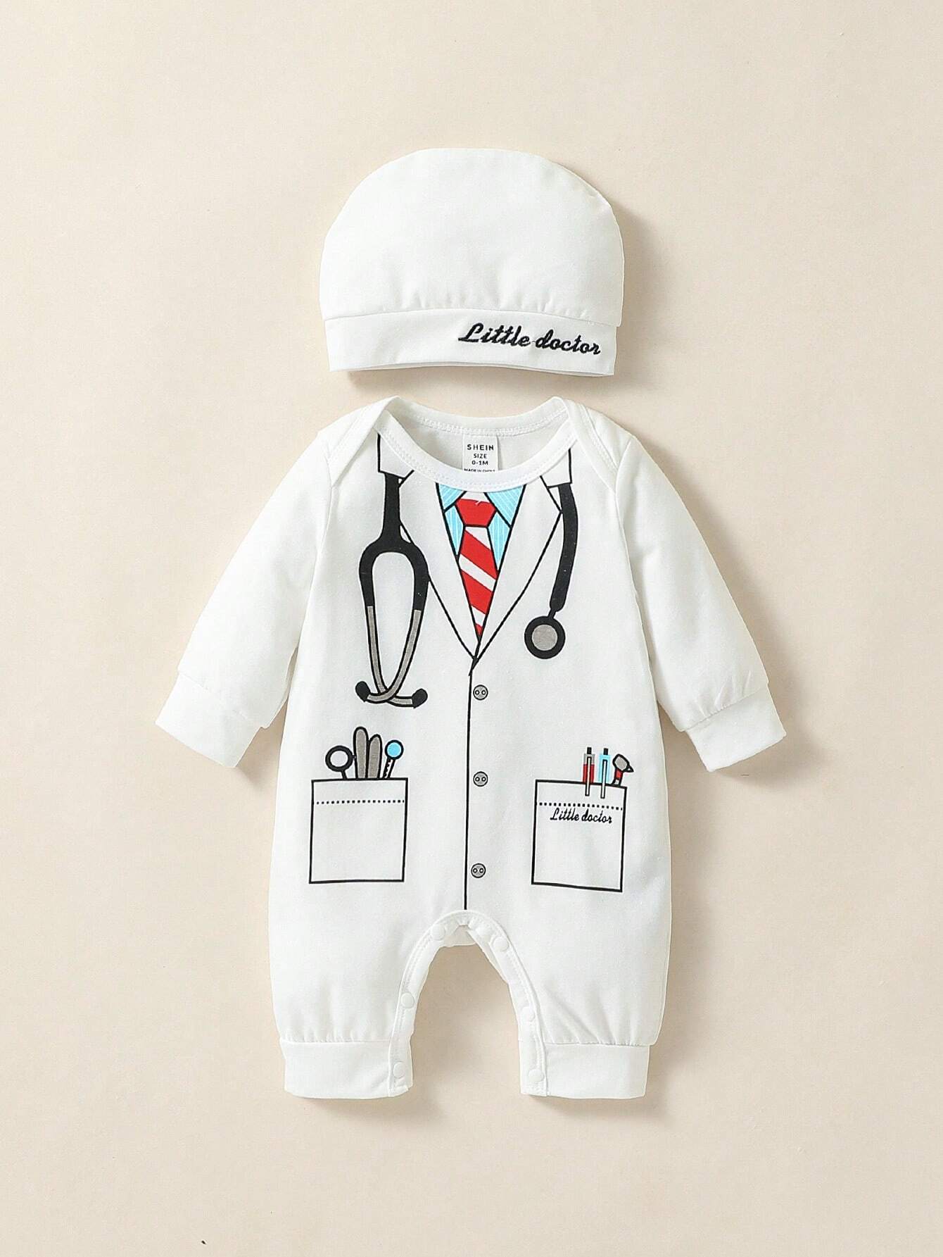 Buy SHEIN Persoplay Kids Baby Boy Costume Mini Doctor Printed Long Sleeve Jumpsuit With Embroidered Hat, For Daily in Pakistan