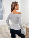 Buy SHEIN Priv̩ Asymmetrical Neck Fuzzy Cuff Ribbed Knit Sweater in Pakistan