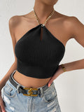 Buy SHEIN Privé Chain Detail Backless Crop Halter Knit Top in Pakistan