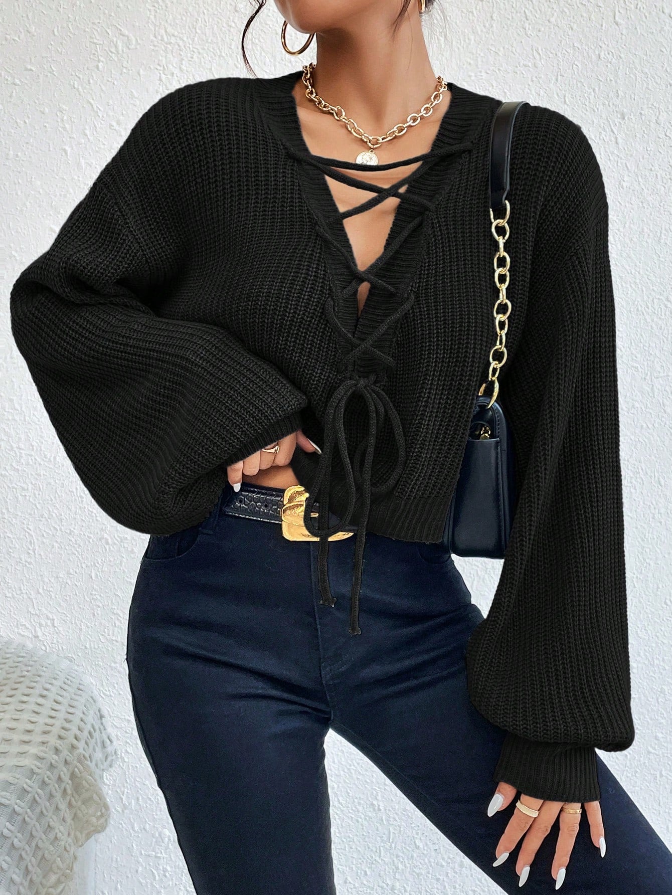 Buy SHEIN Privé Lace Up Front Drop Shoulder Sweater in Pakistan