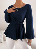 Buy SHEIN Priv̩ Lantern Sleeve Tie Front Peplum Blouse in Pakistan