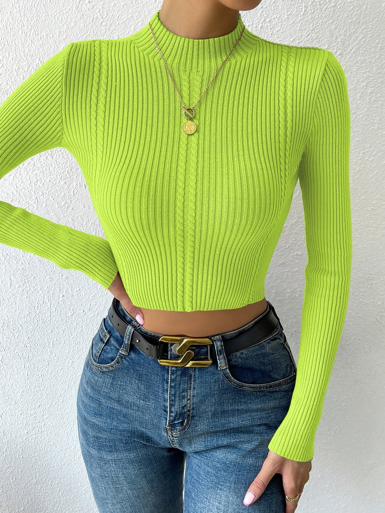 Buy SHEIN Priv̩ Mock Neck Cable Knit Crop Sweater in Pakistan
