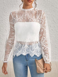 Buy SHEIN Privé Mock Neck Lantern Sleeve Eyelash Lace Blouse Without Cami Top in Pakistan