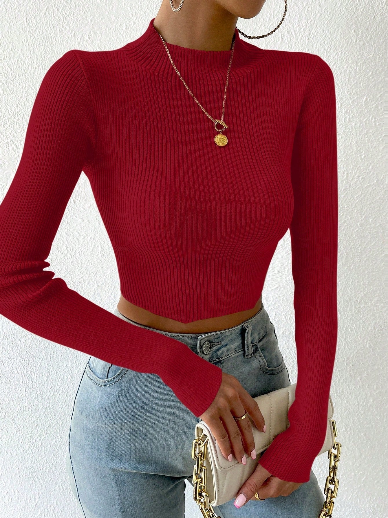 Buy SHEIN Priv̩ Mock Neck Ribbed Knit Crop Sweater in Pakistan