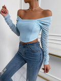 Buy SHEIN Priv̩ Off Shoulder Ruched Mesh Crop Top in Pakistan