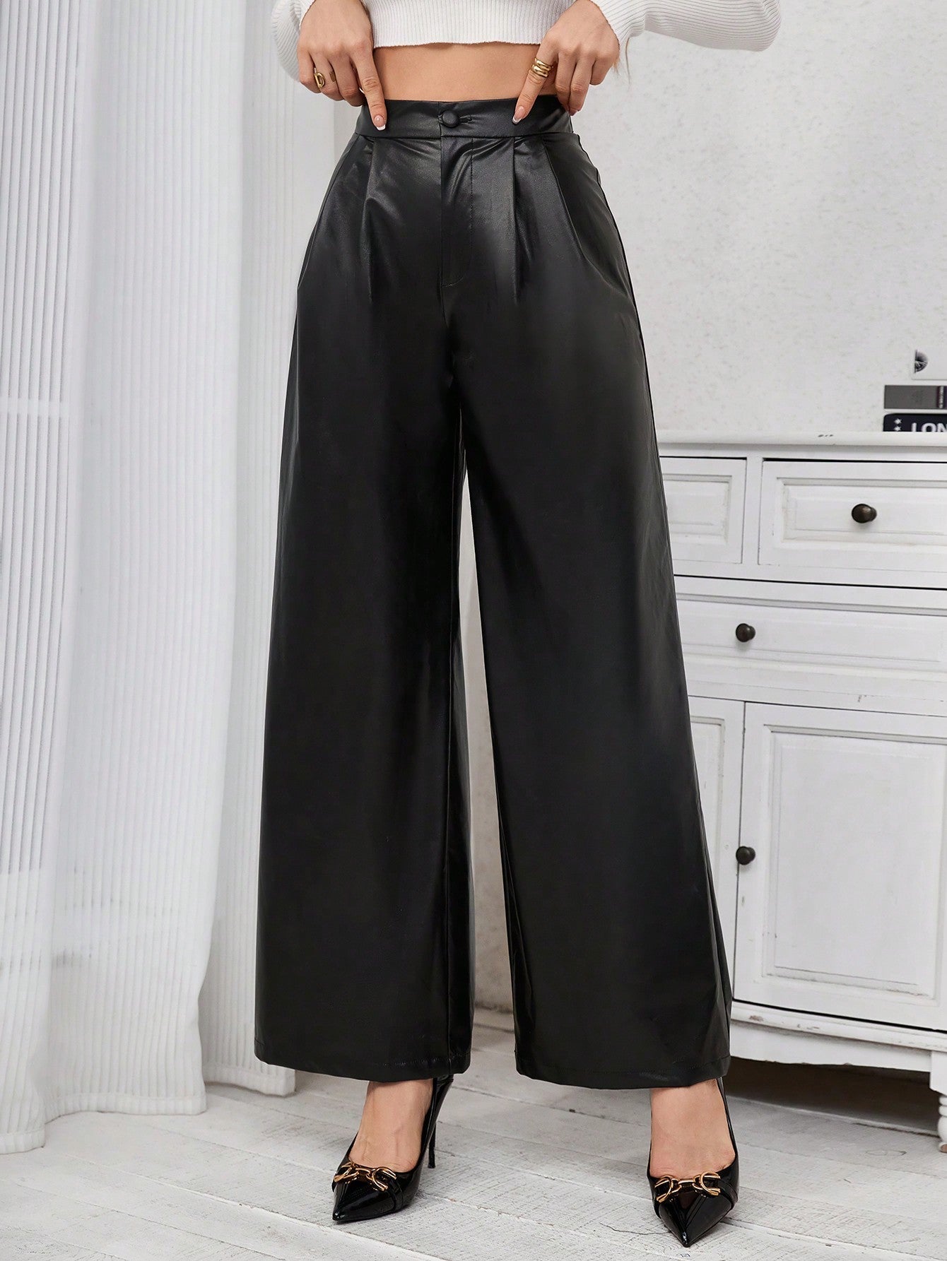 Buy SHEIN Priv̩ Pu Leather Wide Leg Pants in Pakistan