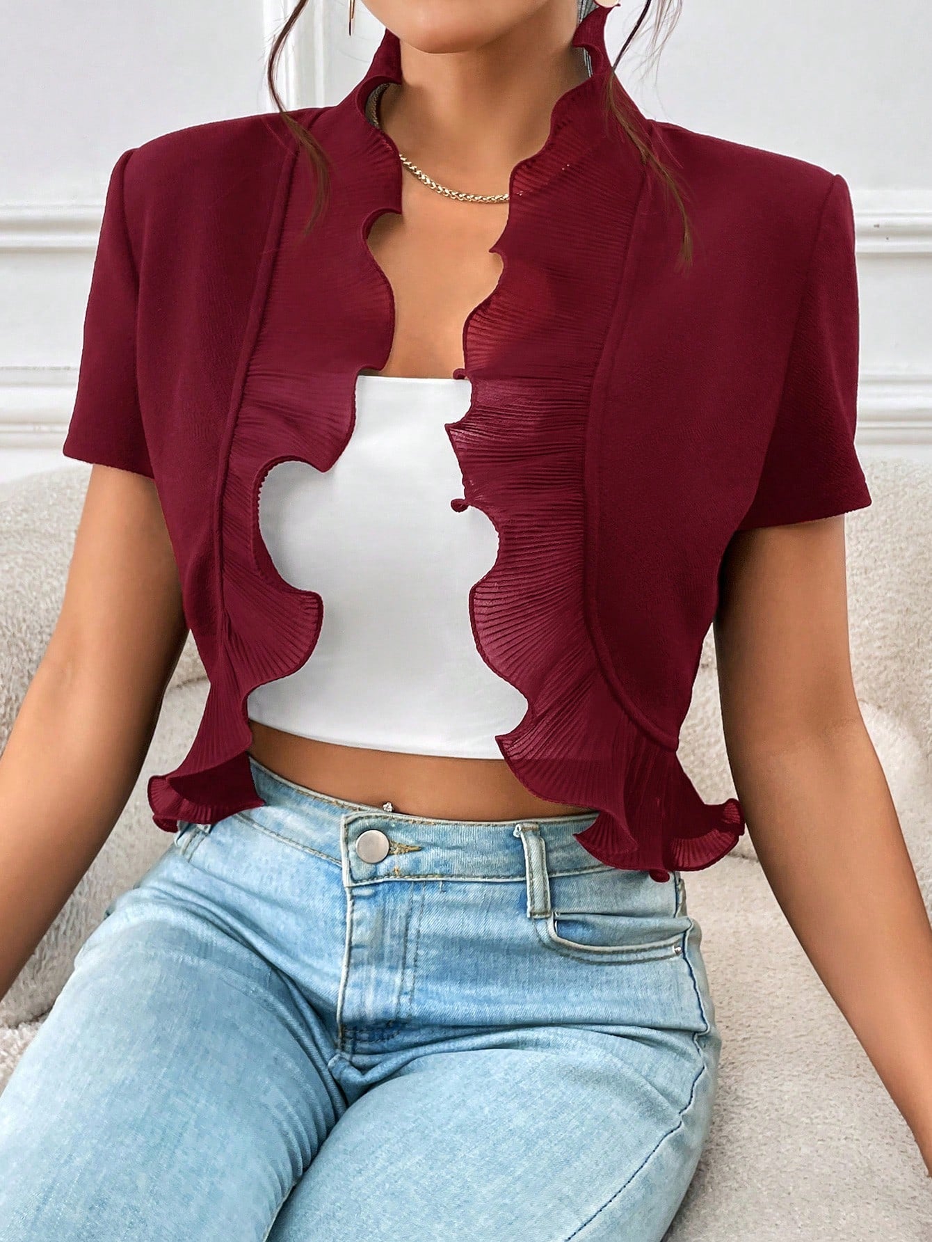 Buy SHEIN Privé Ruffle Trim Open Front Crop Jacket in Pakistan