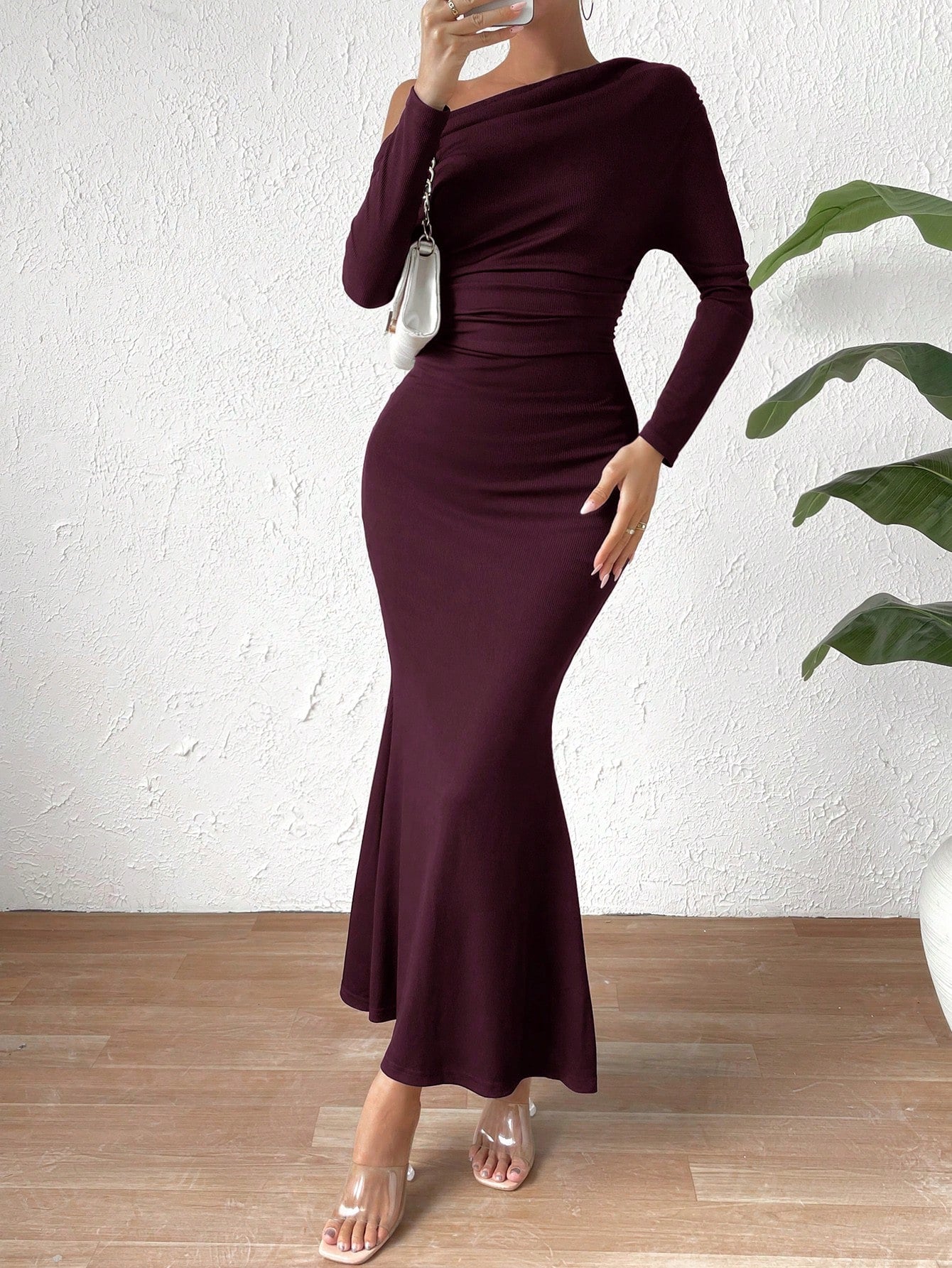 Buy SHEIN Priv̩ Solid Asymmetrical Neck Ruched Mermaid Hem Dress in Pakistan