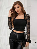 Buy SHEIN Priv̩ Women's Square Neck Lace Patchwork Fitted Top in Pakistan