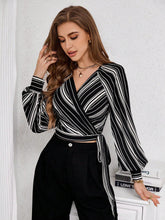 Buy SHEIN Priv̩ Women's Striped Print Raglan Sleeve Crop Tie Front Shirt in Pakistan