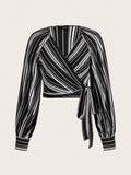 Buy SHEIN Priv̩ Women's Striped Print Raglan Sleeve Crop Tie Front Shirt in Pakistan
