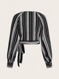 Buy SHEIN Priv̩ Women's Striped Print Raglan Sleeve Crop Tie Front Shirt in Pakistan