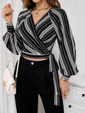 Buy SHEIN Priv̩ Women's Striped Print Raglan Sleeve Crop Tie Front Shirt in Pakistan