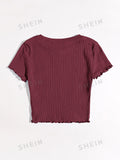 Buy SHEIN Qutie Solid Lettuce Trim Rib-knit Tee in Pakistan