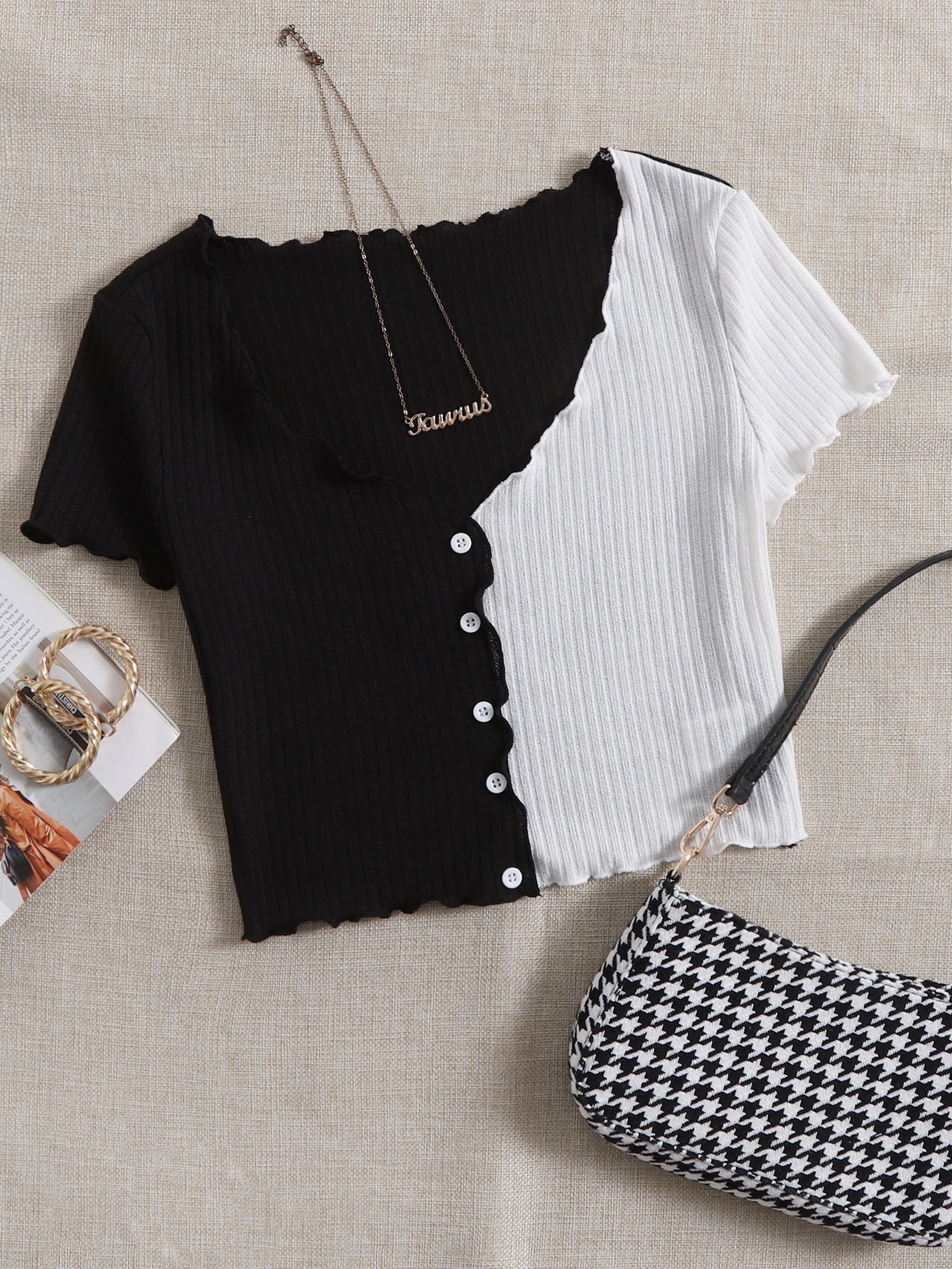 Buy SHEIN Qutie Two Tone Lettuce Trim Tee in Pakistan