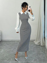 Buy SHEIN Raffinéa Fashionable Elegant Slim Long Patchwork Puff Sleeve Collar Houndstooth Pattern Fabric Women's Long Dress in Pakistan