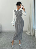 Buy SHEIN Raffinéa Fashionable Elegant Slim Long Patchwork Puff Sleeve Collar Houndstooth Pattern Fabric Women's Long Dress in Pakistan