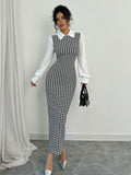 Buy SHEIN Raffinéa Fashionable Elegant Slim Long Patchwork Puff Sleeve Collar Houndstooth Pattern Fabric Women's Long Dress in Pakistan