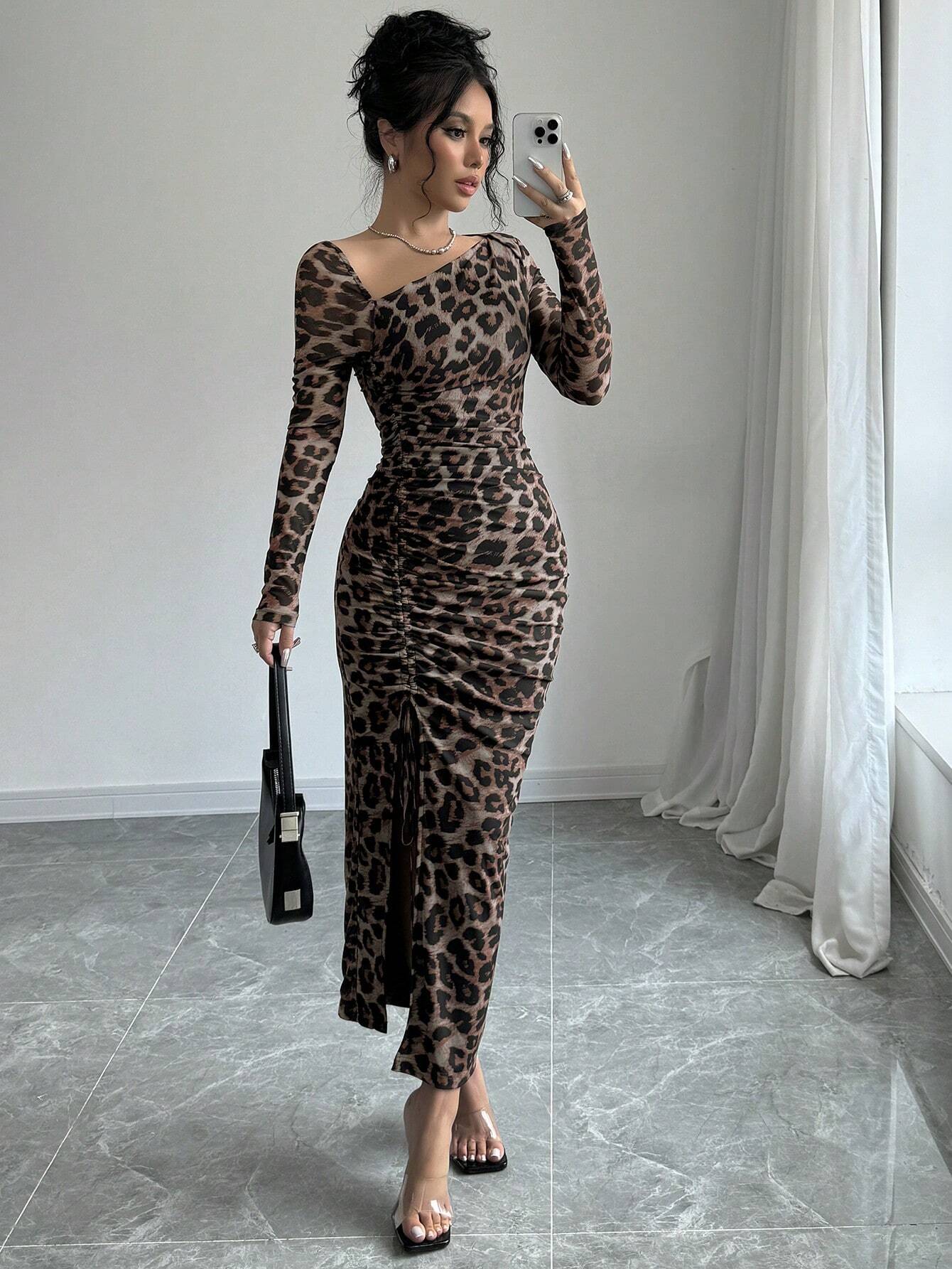 Buy SHEIN Raffinéa Women's Elegant Asymmetrical Neck Cinched Waist Ruched Long Sleeve Dress With Leopard Print Mesh Maxi Women Outfit Bodycon Long Dressslit Dressleopard Print Dress in Pakistan