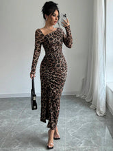 Buy SHEIN Raffinéa Women's Elegant Asymmetrical Neck Cinched Waist Ruched Long Sleeve Dress With Leopard Print Mesh Maxi Women Outfit Bodycon Long Dressslit Dressleopard Print Dress in Pakistan