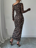 Buy SHEIN Raffinéa Women's Elegant Asymmetrical Neck Cinched Waist Ruched Long Sleeve Dress With Leopard Print Mesh Maxi Women Outfit Bodycon Long Dressslit Dressleopard Print Dress in Pakistan