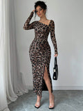 Buy SHEIN Raffinéa Women's Elegant Asymmetrical Neck Cinched Waist Ruched Long Sleeve Dress With Leopard Print Mesh Maxi Women Outfit Bodycon Long Dressslit Dressleopard Print Dress in Pakistan