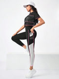 Buy SHEIN Running Colorblock Sports Tee & Phone Pocket Side Leggings in Pakistan