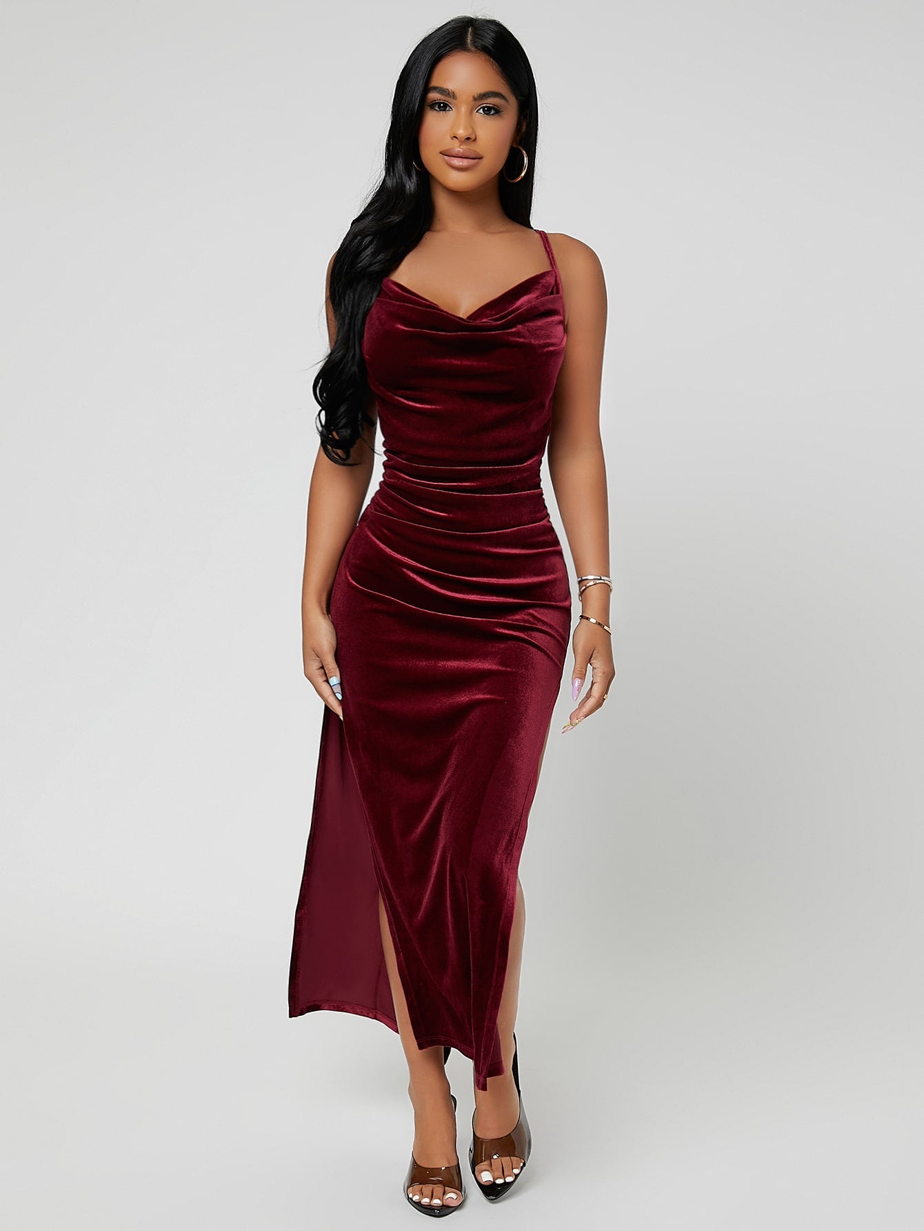 Buy SHEIN SXY Draped Collar Split Thigh Velvet Cami Dress in Pakistan