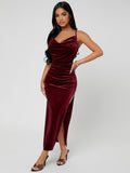 Buy SHEIN SXY Draped Collar Split Thigh Velvet Cami Dress in Pakistan