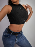 Buy SHEIN SXY Mock Neck Glitter Crop Halter Top in Pakistan