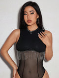 Buy SHEIN SXY Rhinestone Fringe Trim Mesh Insert Bodysuit in Pakistan