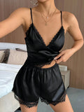 Buy SHEIN SilkySpell Lace Trim Satin Cami Top & Shorts PJ Set / Pajama Set in Pakistan
