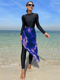 Buy SHEIN Swim Mulvari Women Summer Beach Stand Collar Long Sleeve Zipper Front One-Piece Burkini & Tie-Dye Cover Up Skirt For Vacation in Pakistan
