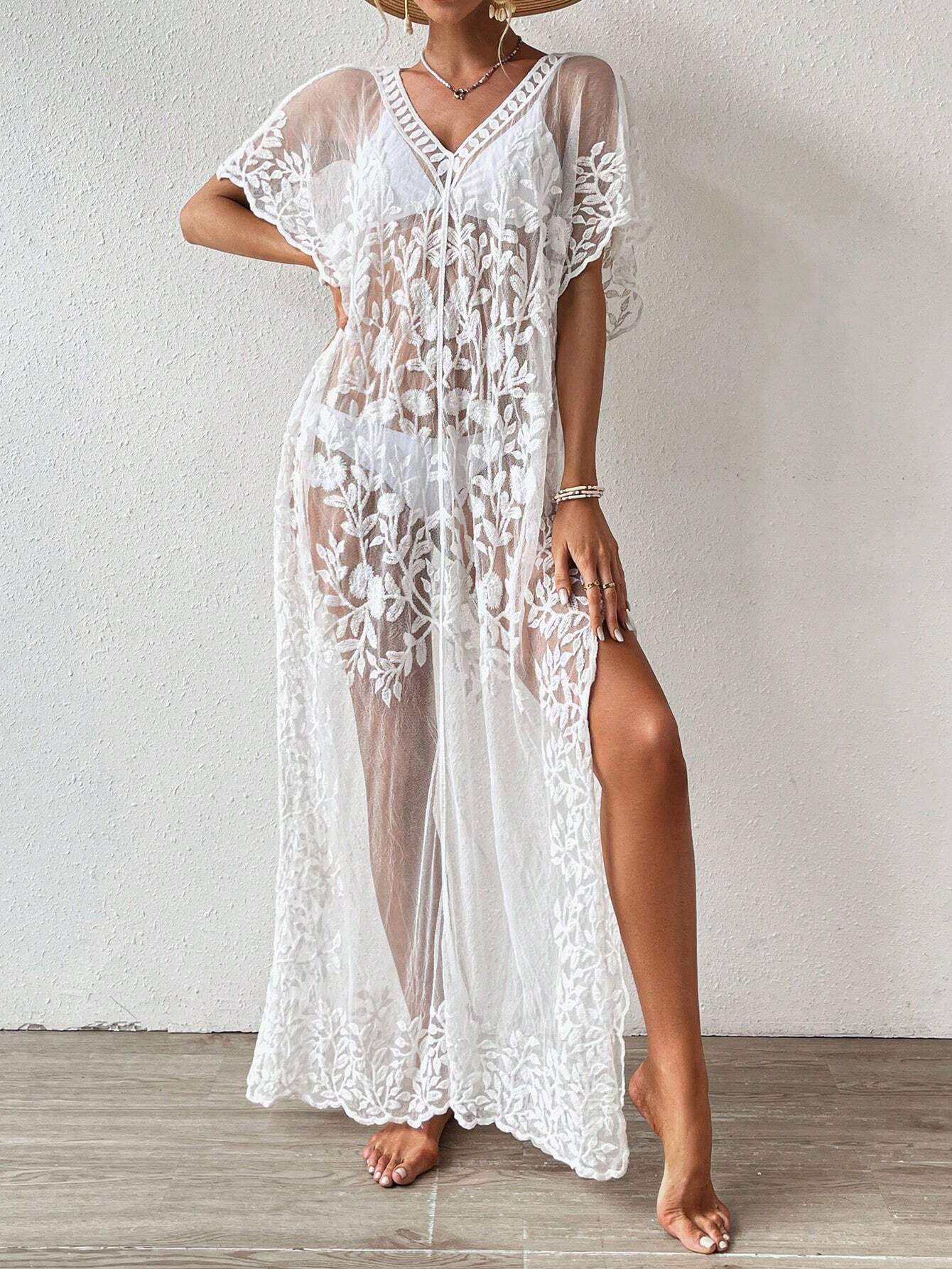 Buy SHEIN Swim Summer Beach Embroidery Mesh Scallop Trim Split Thigh Cover Up in Pakistan
