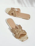 Buy SHEIN SHUZIA Embellished Open Toe Gold Slip On Sandals in Pakistan