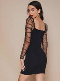 Buy Shein Ruched Sheer Mesh Gigot Sleeve Bodycon Dress in Pakistan