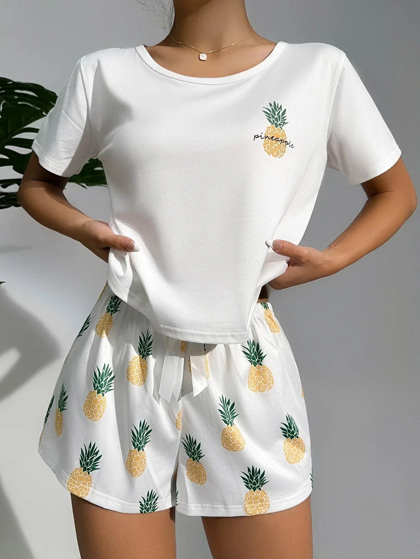 Buy SHEIN CoupledUp Pineapple Print White Tee & Shorts PJ Set / Pajama Set in Pakistan