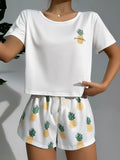 Buy SHEIN CoupledUp Pineapple Print White Tee & Shorts PJ Set / Pajama Set in Pakistan