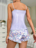 Buy SHEIN Sized Women's Solid Color Camisole Tank Top And Lily Patterned Shorts Summer Pajamas Set in Pakistan