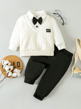 Buy SHEIN Souflis Baby Boys' Button Closure Long Sleeve 2-In-1 Sweatshirt And Pants With Detachable Bow Tie, Gentleman Style Academy Outfits, 3pcs/Set in Pakistan