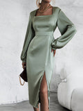 Buy SHEIN Square Neck Lantern Sleeve Split Thigh Satin Dress in Pakistan
