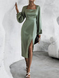 Buy SHEIN Square Neck Lantern Sleeve Split Thigh Satin Dress in Pakistan