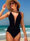 Buy SHEIN Summer Beach Solid Color Deep V-Neck Backless Sexy One-Piece Swimsuit in Pakistan