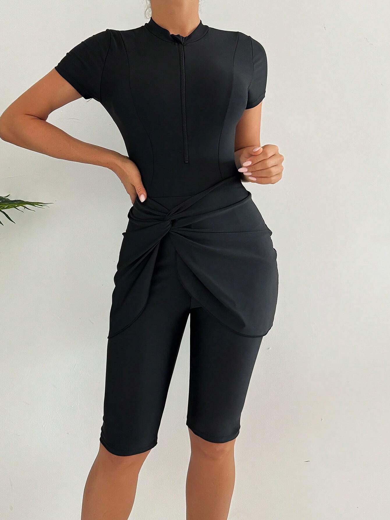 Buy SHEIN Swim Mulvari 3pcs/Set Women Solid Color Crew Neck Short Sleeve Zipper Burkini Top, Swim Shorts And Mini Skirt Swimsuit, Sports Surfwear SummerArabic Clothing in Pakistan