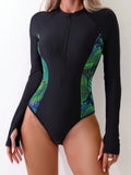Buy SHEIN Swim SPRTY Summer Beach Tropical Print Zip Front One Piece Swimsuit in Pakistan